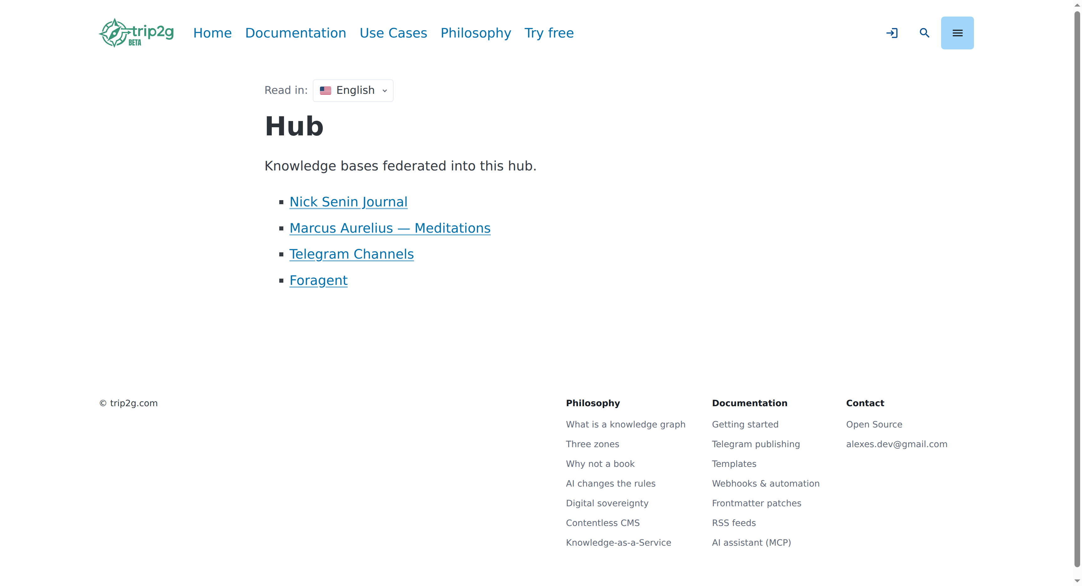 The public hub page at /hub listing the federated knowledge bases readers and agents can reach