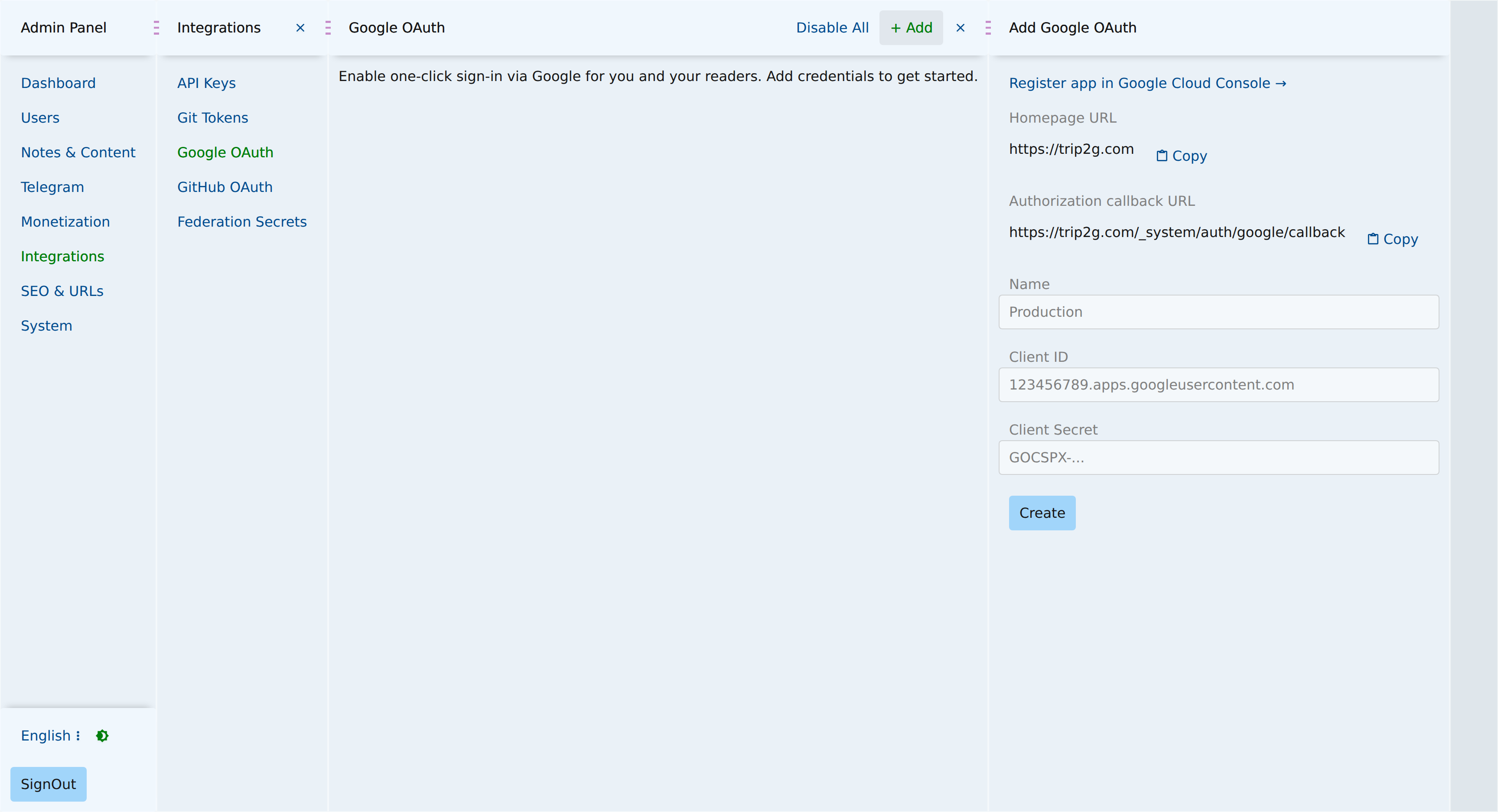 Adding OAuth credentials in the admin panel — the homepage and callback URLs to copy, plus the Client ID and Client Secret fields and a Create button